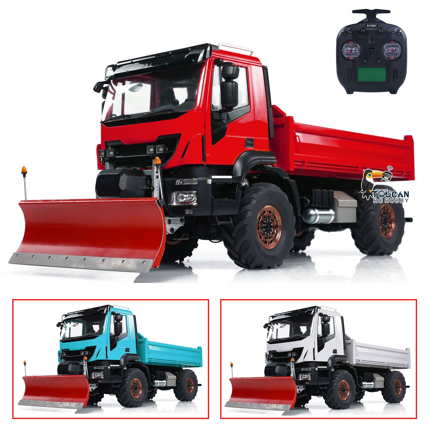 Metal 4*4 1/14 RC Hydraulic Dumper Trucks with Snow Shovel Remote Control Tipper Cars LED Light Sound FlySky ST8 Radio System