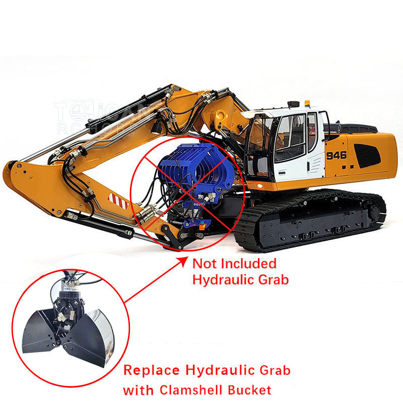 MTMODEL 1:14 946-3 Metal 3 Arms RC Hydraulic Excavator Remote Control Heavy Machine Digger Model Tiltable Clamshell Bucket