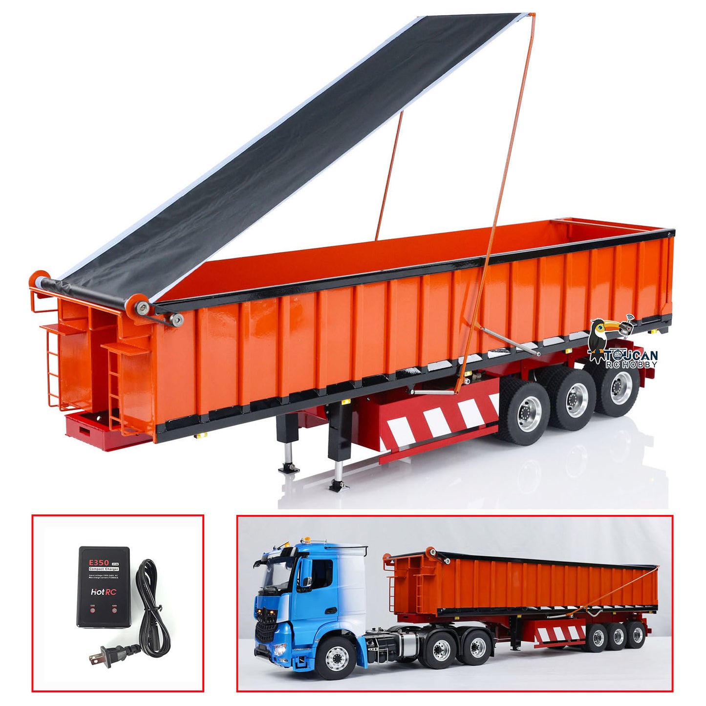 1/14 Metal 3 Axles Hydraulic Dump Trailers with Electric Tarpaulin for RC Tractor Trucks Remote Control Excavator Model