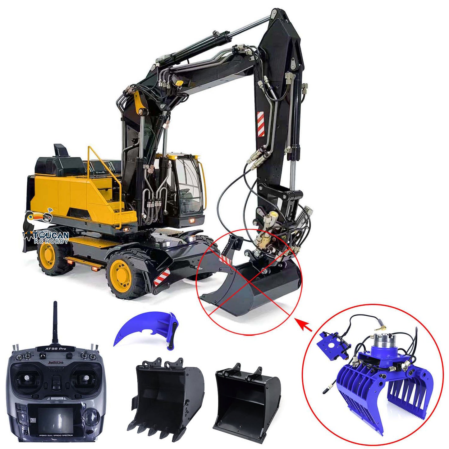 Metal 1:14 RC Hydraulic Digger 3-Arms EC380 Wheeled Remote Control Excavators Simulated Sound System AT9S RC Controller