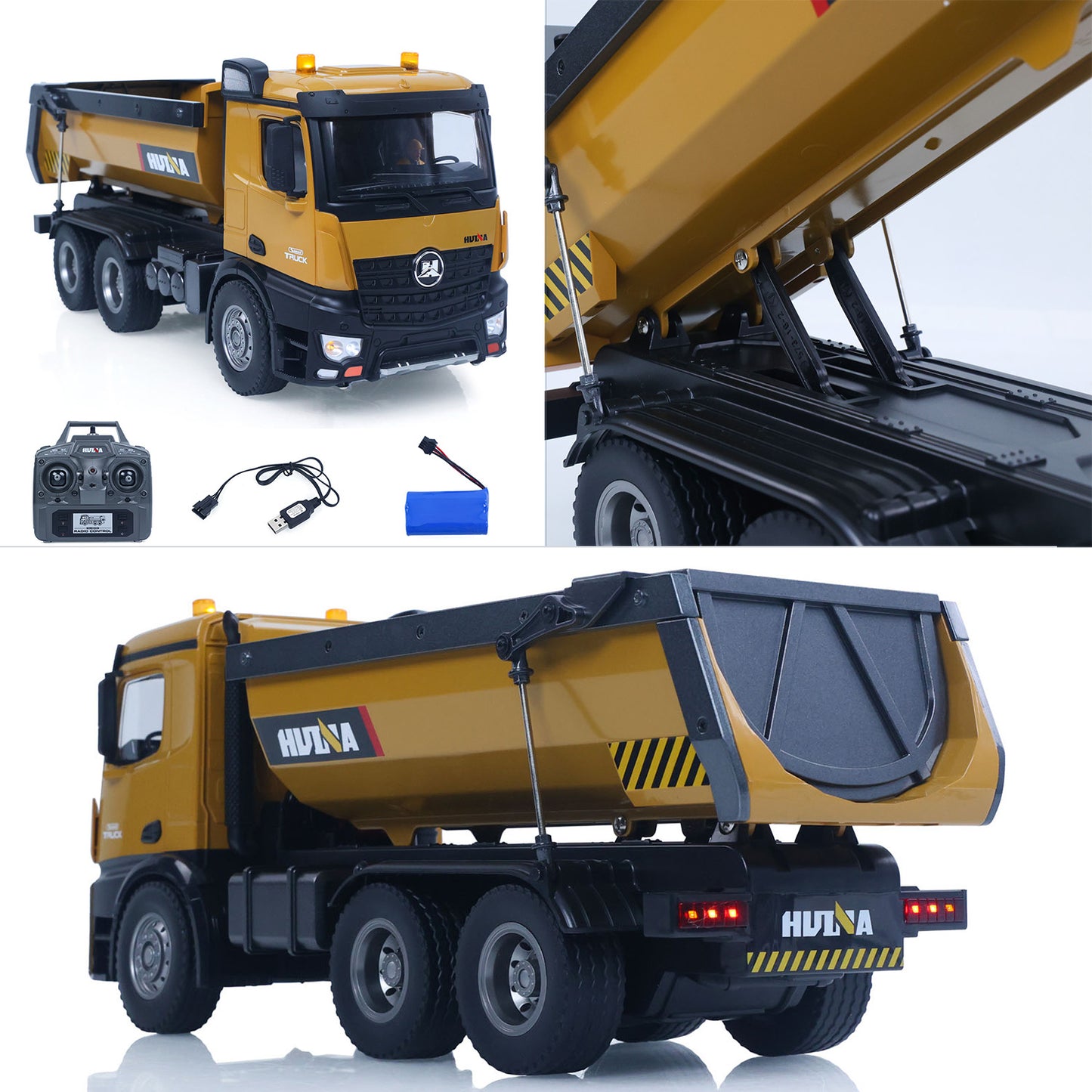 US STOCK HUINA 1/14 Electric RC Dump Truck 573 Remote Control Tipper Model Vehicle Flowing Water Light Sound Effect 2.4G Radio Battery