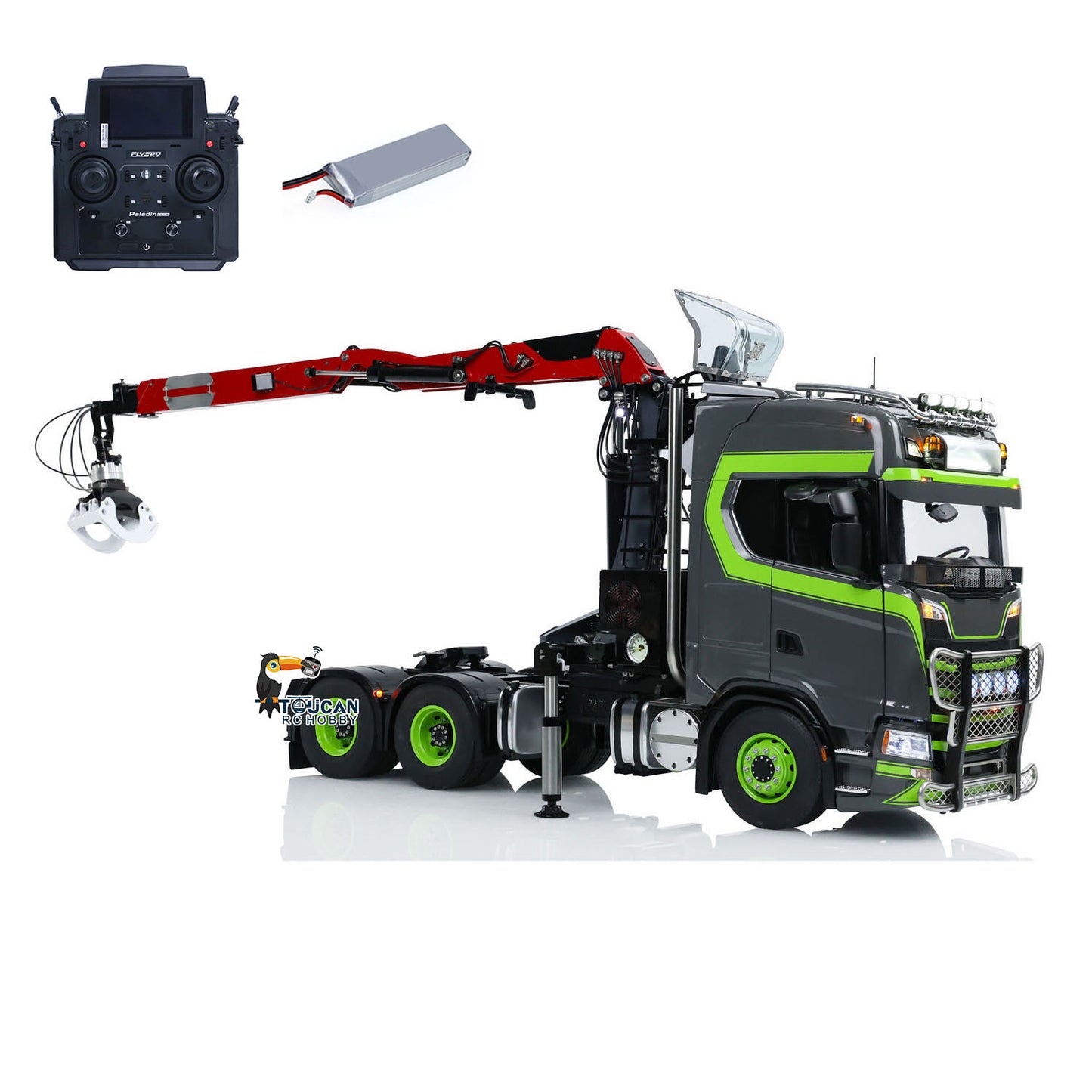 Toucan 1/14 6x6 RC Metal Tractor Truck 3-axle Hydraulic Crane Logging Trailer Light Sound Smoke System Customized Lorry Vehicle for Model Collector