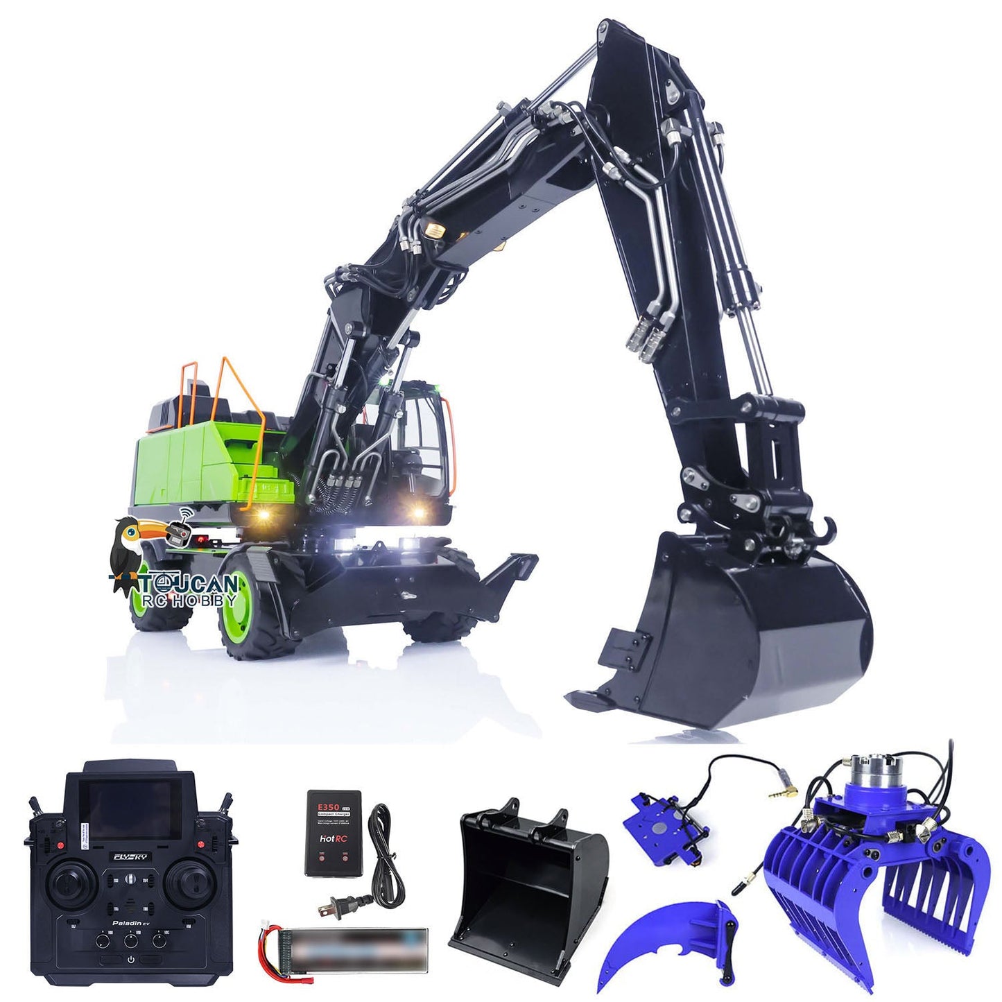 1/14 Metal EC380 MTModel RC Excavator Hydraulic Wheeled Radio Control Engineering Vehicle Grab Tiltable Clamshell Bucket