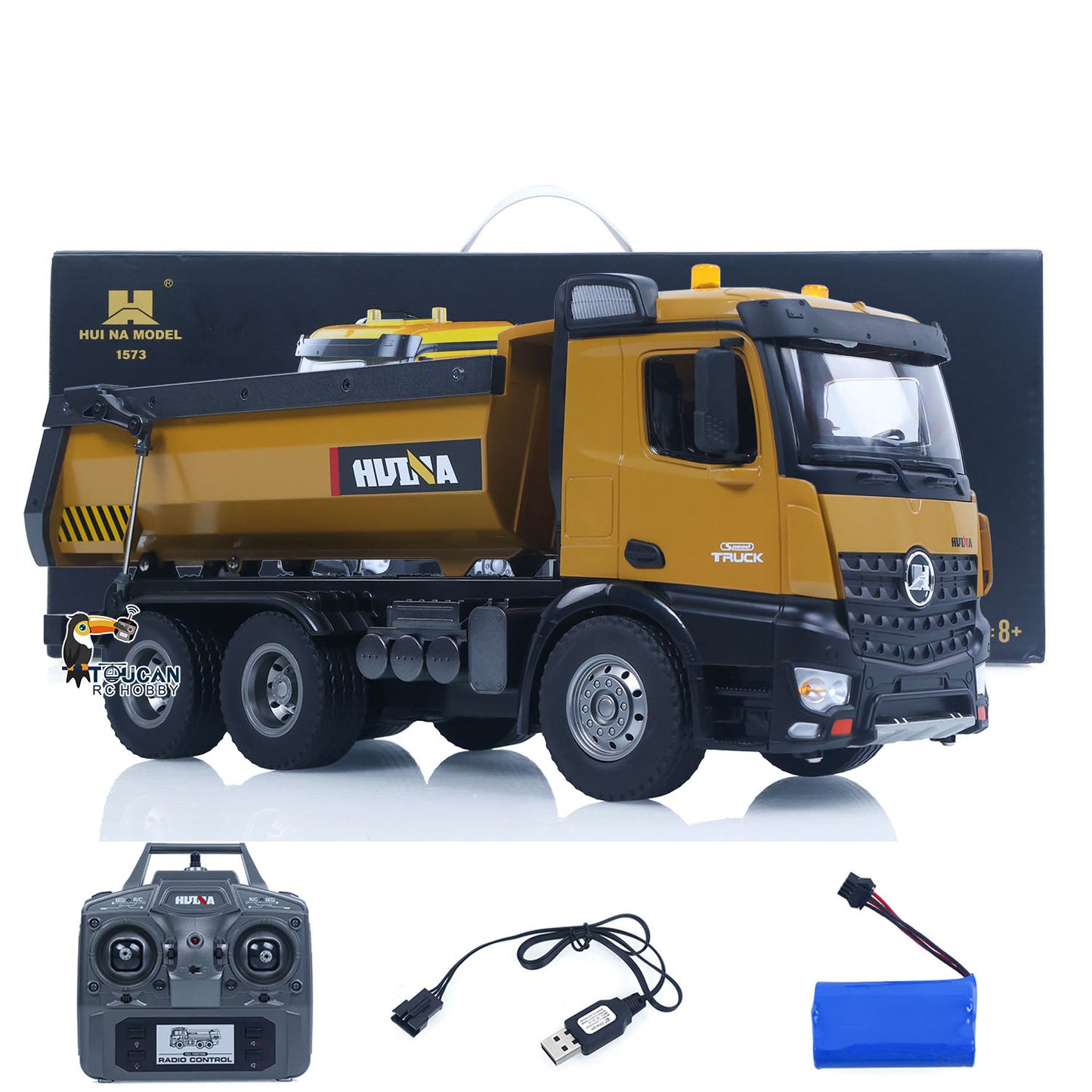 HUINA 1/14 Electric RC Dump Truck 573 RTR Remote Control Tipper Model Vehicle Flowing Water Light Sound Effect 2.4G Radio Battery Ready to Run