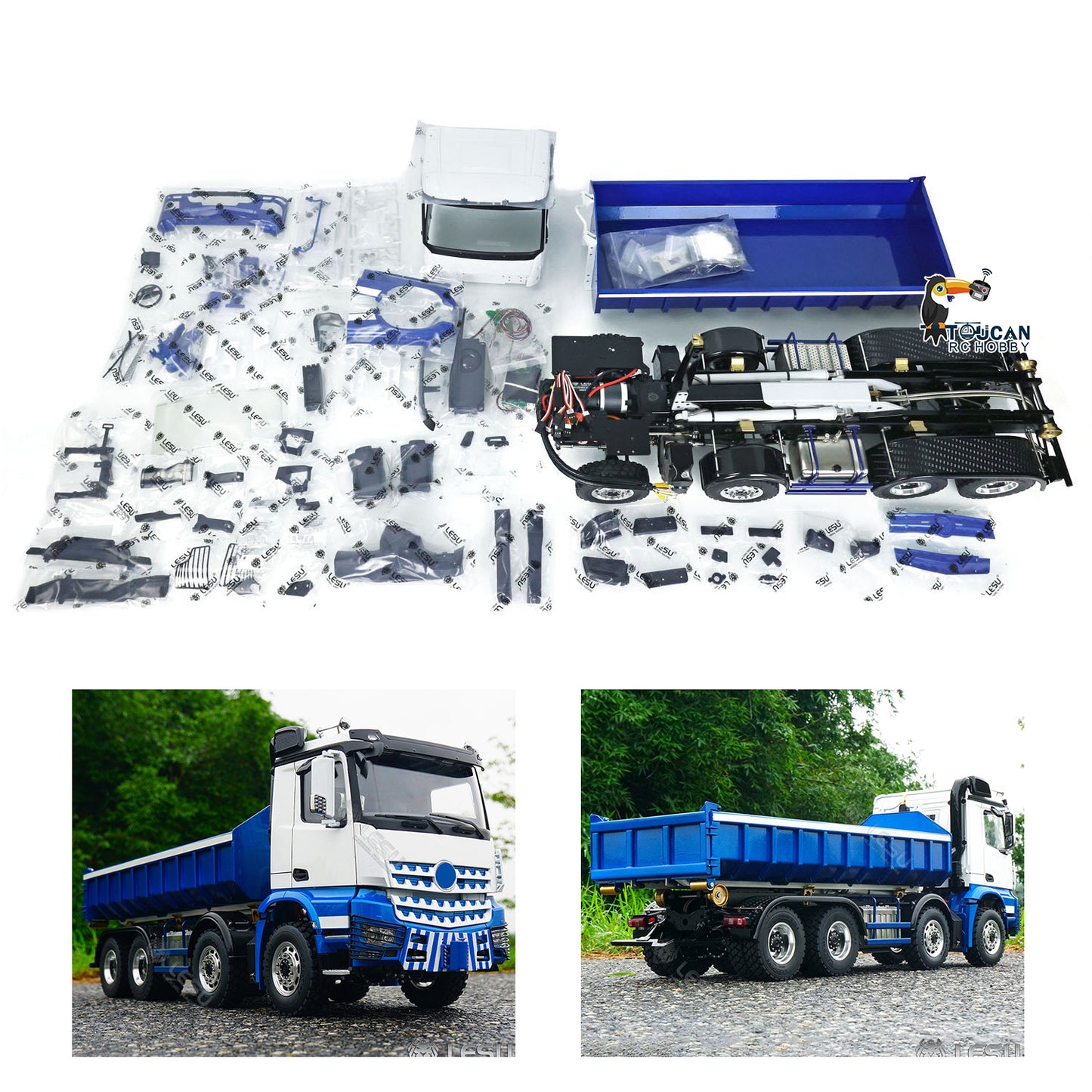 In Stock LESU 1/14 Scale 8x8 Truck Hydraulic Remote Controlled Dumper Roll On/Off Tipper Model Sound Light System Motor Front Towing Hook