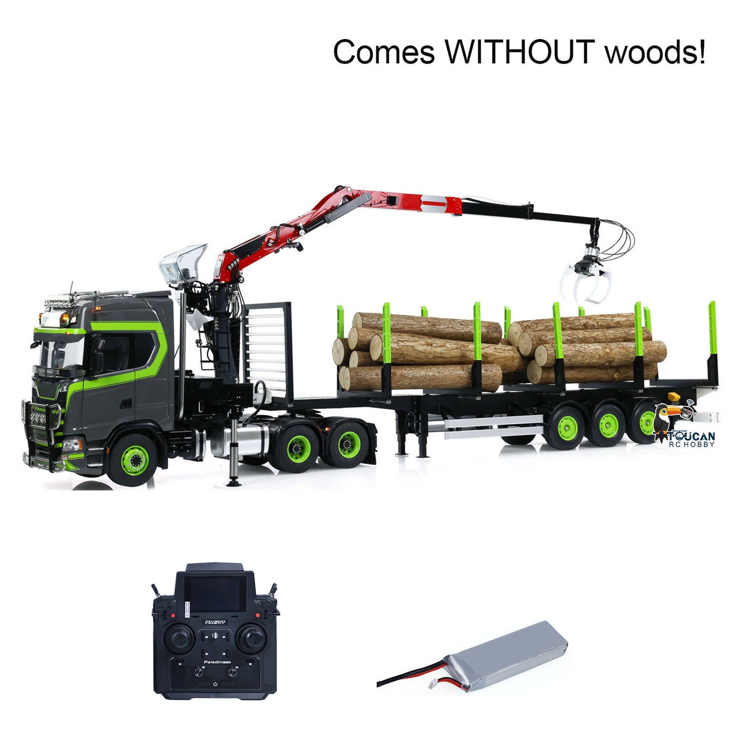 Toucan 1/14 6x6 RC Metal Tractor Truck 3-axle Hydraulic Crane Logging Trailer Light Sound Smoke System Customized Lorry Vehicle for Model Collector