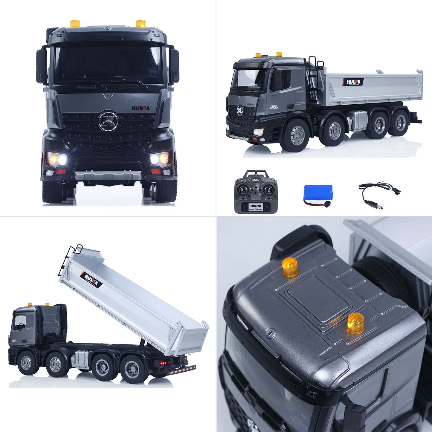 Fast Shipping HUINA 1/14 Remote Control Dump Truck 12CH RC Tipper Finished Model Toy Gift RTR Light Sound Effects Radio USB Charging Cable