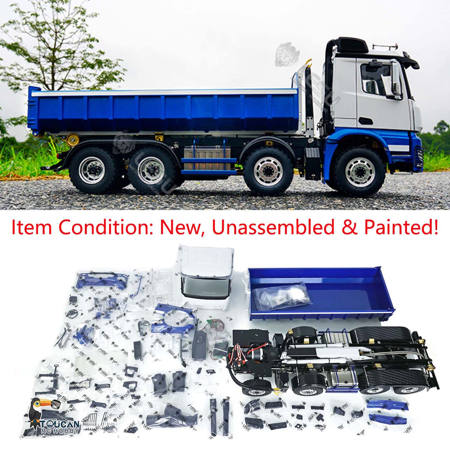 LESU 1/14 8x8 Truck Hydraulic Remote Controlled Dumper Roll On/Off Tipper Model with Sound Light System Motor Front Towing Hook