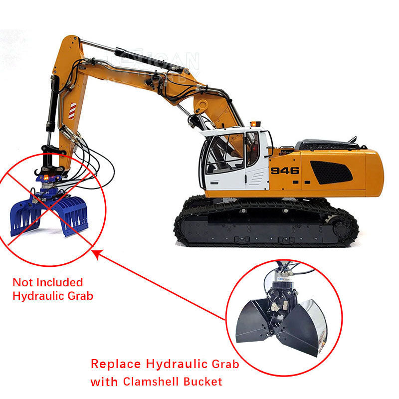 MTMODEL 1:14 946-3 Metal 3 Arms RC Hydraulic Excavator Remote Control Heavy Machine Digger Model Tiltable Clamshell Bucket