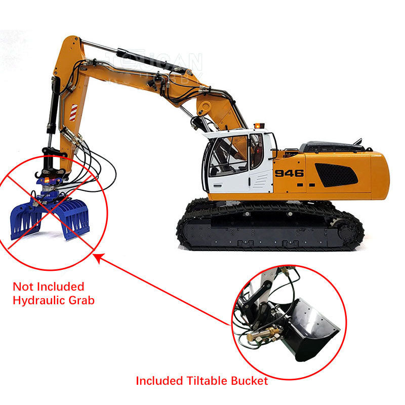 1/14 946-3 Metal Radio Control Excavator 10 Channels Tracked RC Digger Painted Body Rotary Metal Tiltable Bucket Ripper