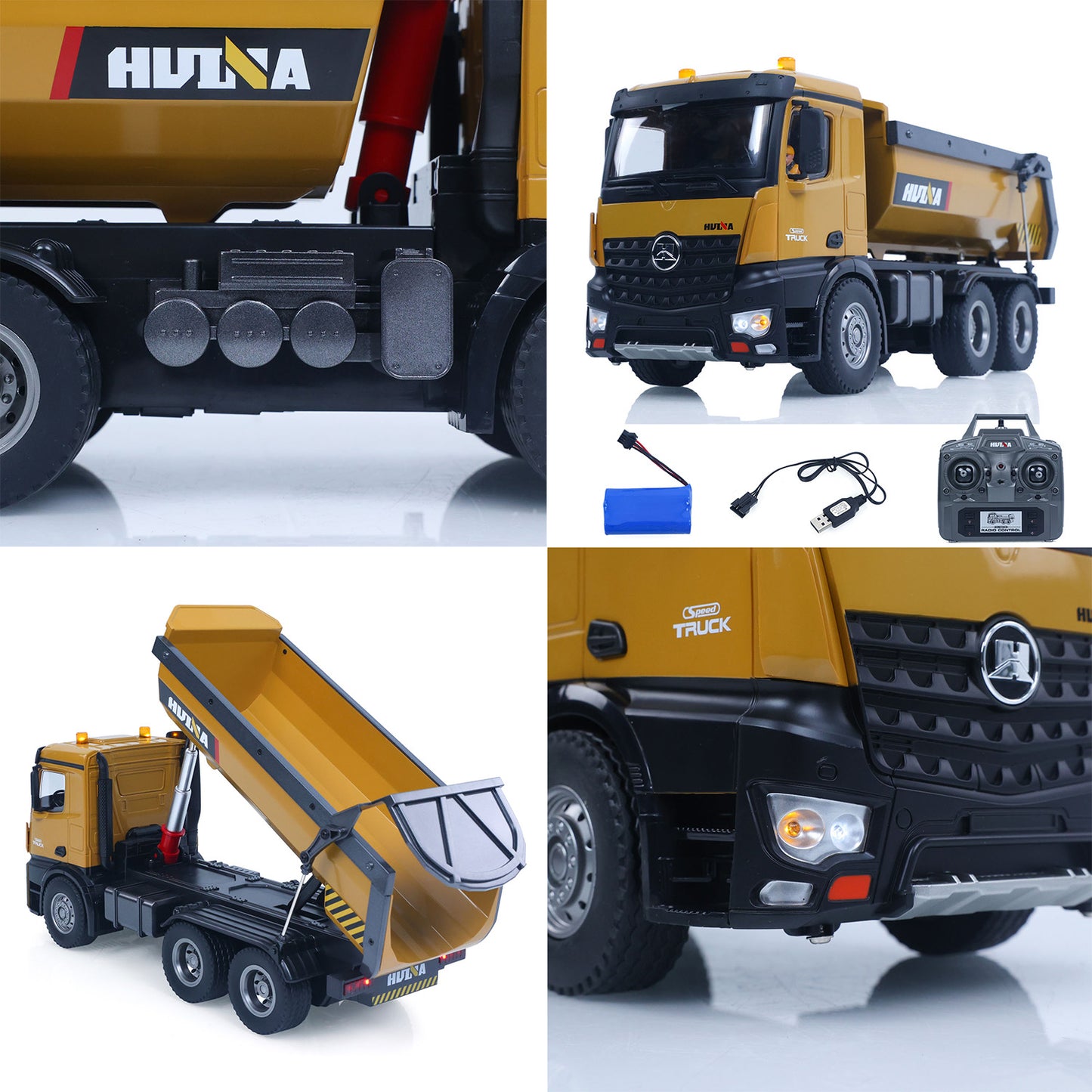 US STOCK HUINA 1/14 Electric RC Dump Truck 573 Remote Control Tipper Model Vehicle Flowing Water Light Sound Effect 2.4G Radio Battery