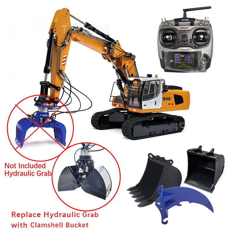 MTMODEL 1:14 946-3 Metal 3 Arms RC Hydraulic Excavator Remote Control Heavy Machine Digger Model Tiltable Clamshell Bucket