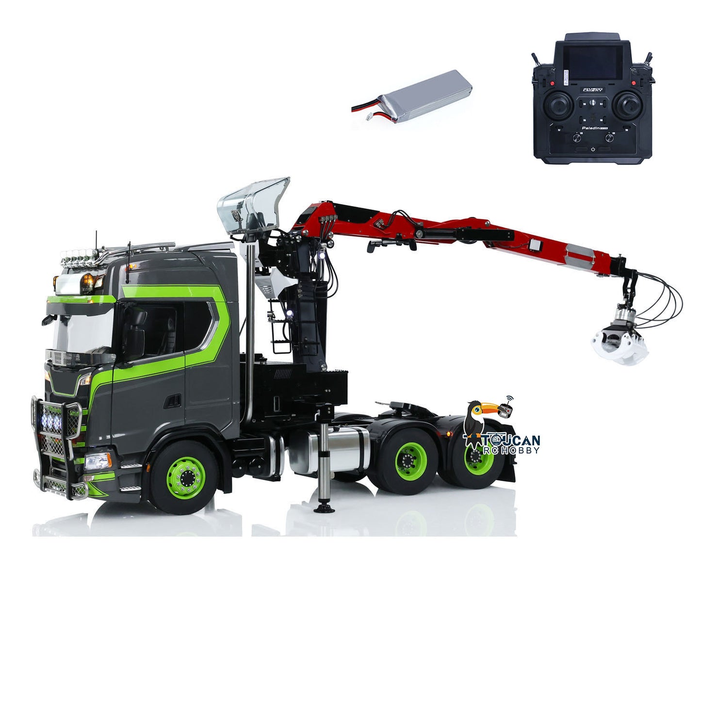 Toucan 1/14 6x6 RC Metal Tractor Truck 3-axle Hydraulic Crane Logging Trailer Light Sound Smoke System Customized Lorry Vehicle for Model Collector