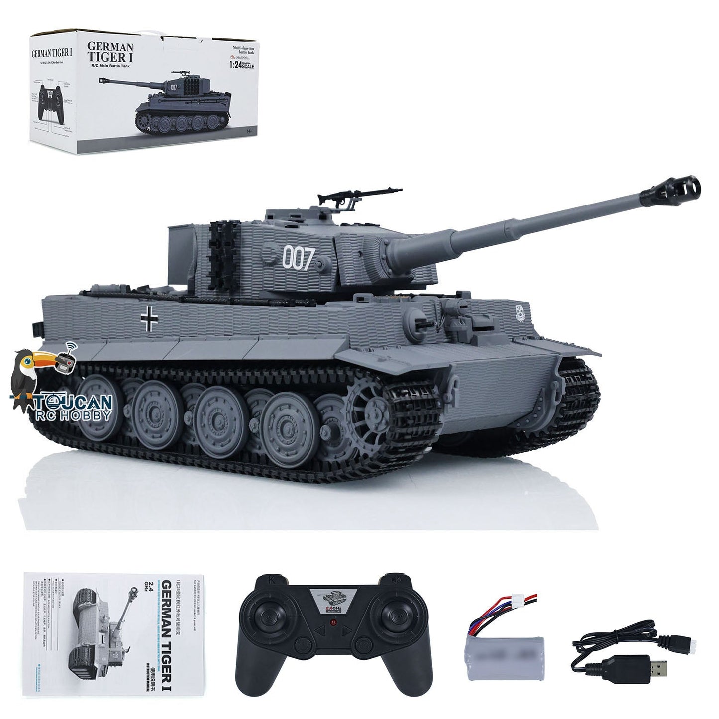 1/24 217 007 RC Battle Tank Tiger I Remote Control Military Tanks Armored Panzer Infrared Combat USB Assembled and Painted