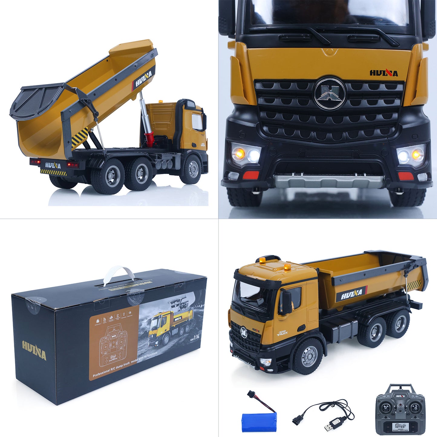 US STOCK HUINA 1/14 Electric RC Dump Truck 573 Remote Control Tipper Model Vehicle Flowing Water Light Sound Effect 2.4G Radio Battery