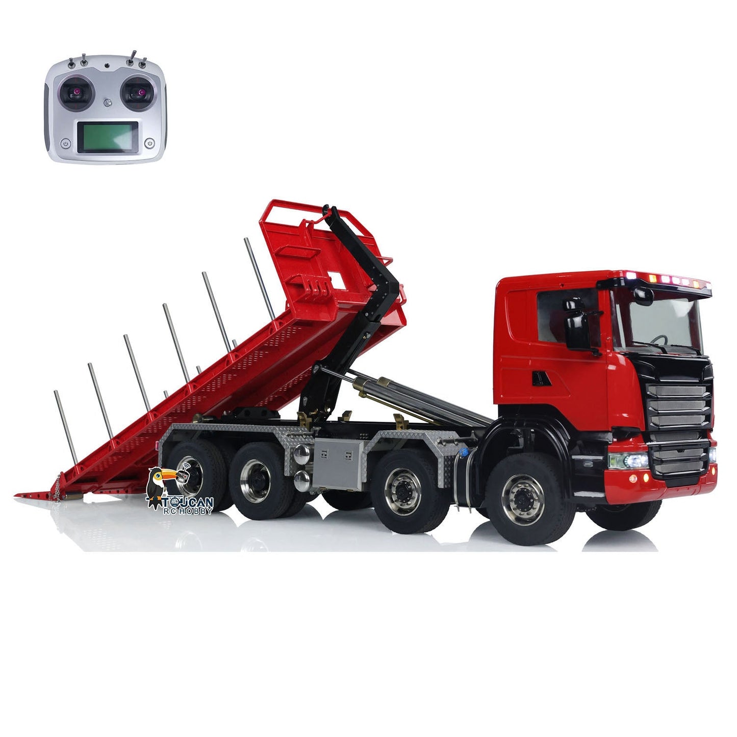 1/14 8x8 RC Hydraulic Equipment Radio Controlled Roll-on Dumper Trucks Full Dump Truck U-shaped Short High Bucket Timber Flatbed