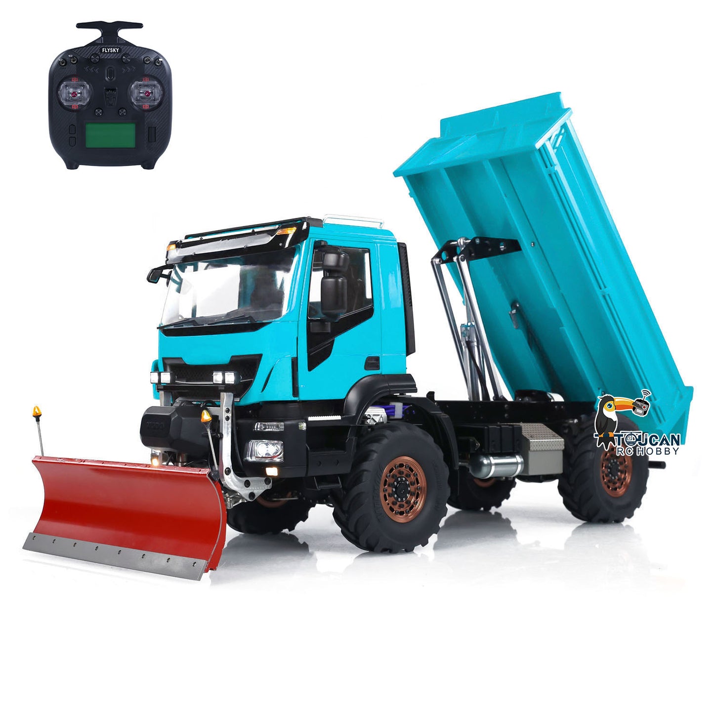 Metal 4*4 1/14 RC Hydraulic Dumper Trucks with Snow Shovel Remote Control Tipper Cars LED Light Sound FlySky ST8 Radio System