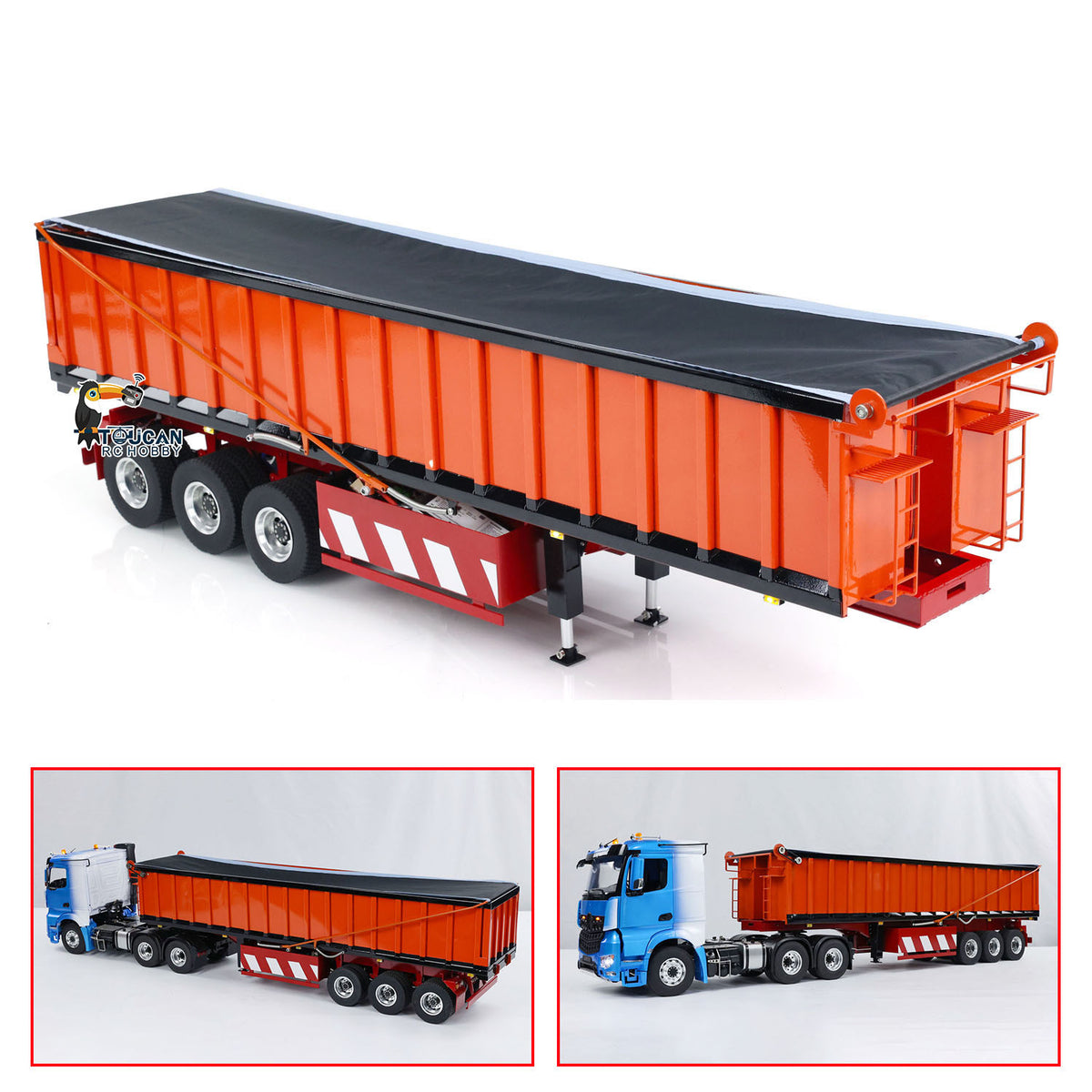 US Stock 1/14 Metal 3 Axles Hydraulic Dump Trailer Electric Awning for RC Tractor Trucks Engineering Vehicle Model Pump ESC