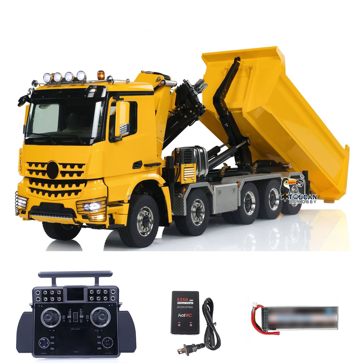 1:14 10x10 RC Hydraulic Crane Full Dump Metal Lorry Rear Axle Steering with Standard Bucket U-shaped Short High Timber Flatbed