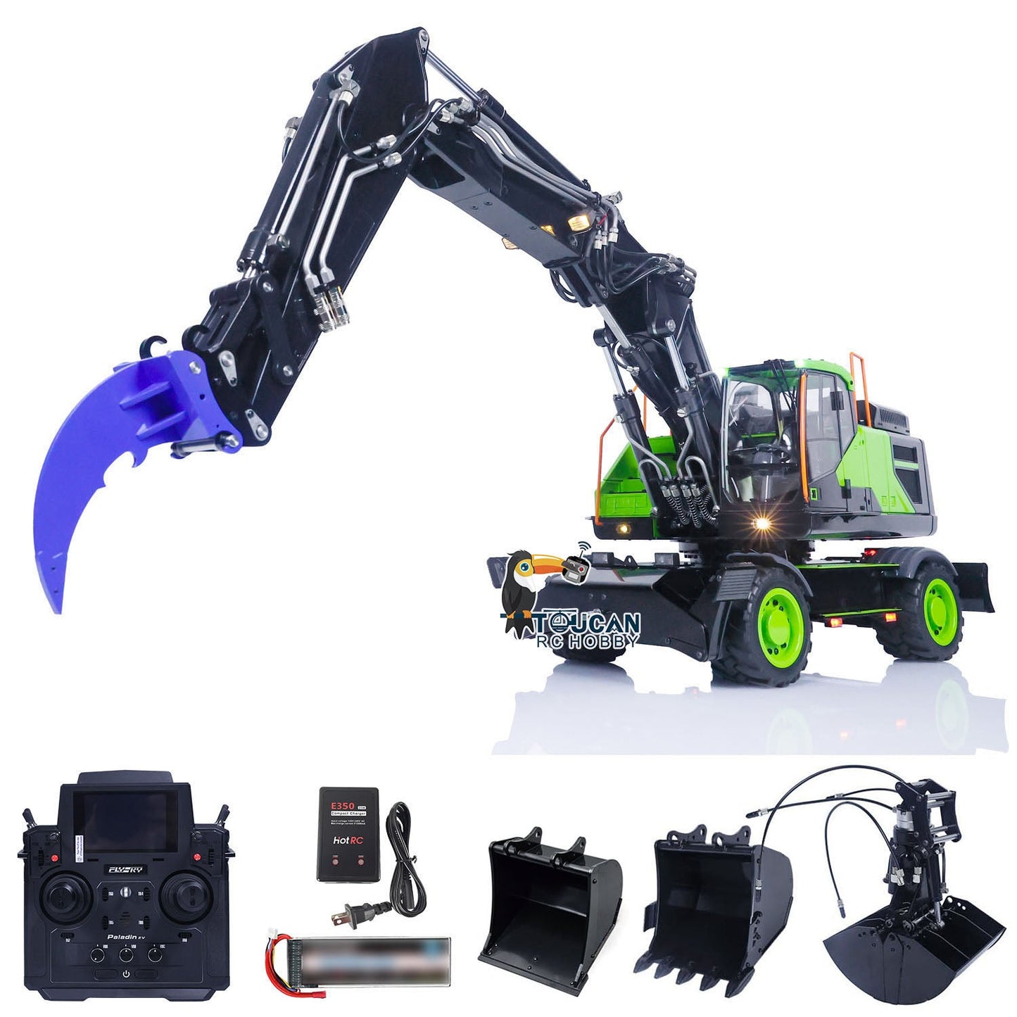 1/14 Metal EC380 MTModel RC Excavator Hydraulic Wheeled Radio Control Engineering Vehicle Grab Tiltable Clamshell Bucket