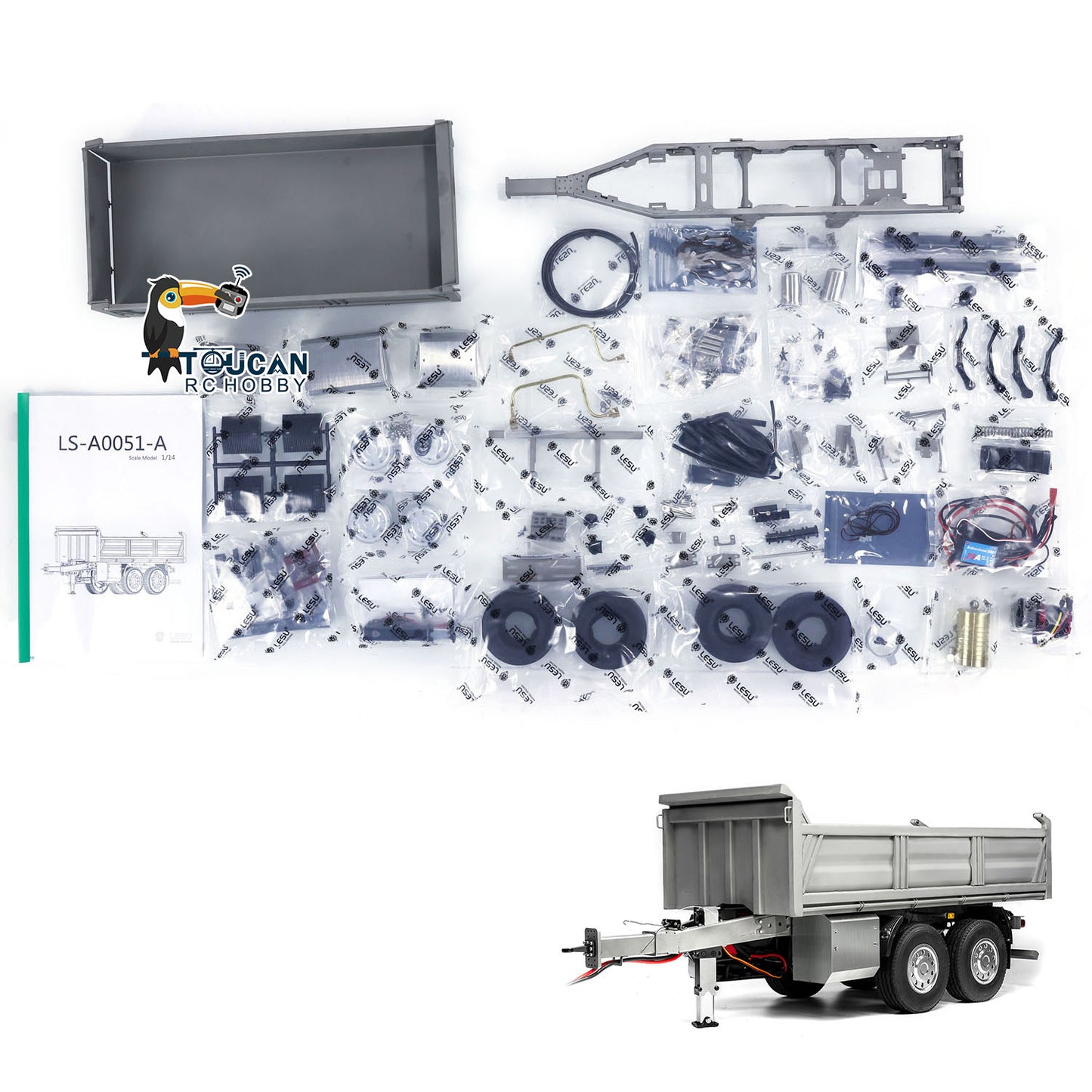 LESU 2-Axle Metal 1/14 RC Hydraulic Full Trailer Remote Control Self-dumping Truck Model DIY Car Optional Versions KIT