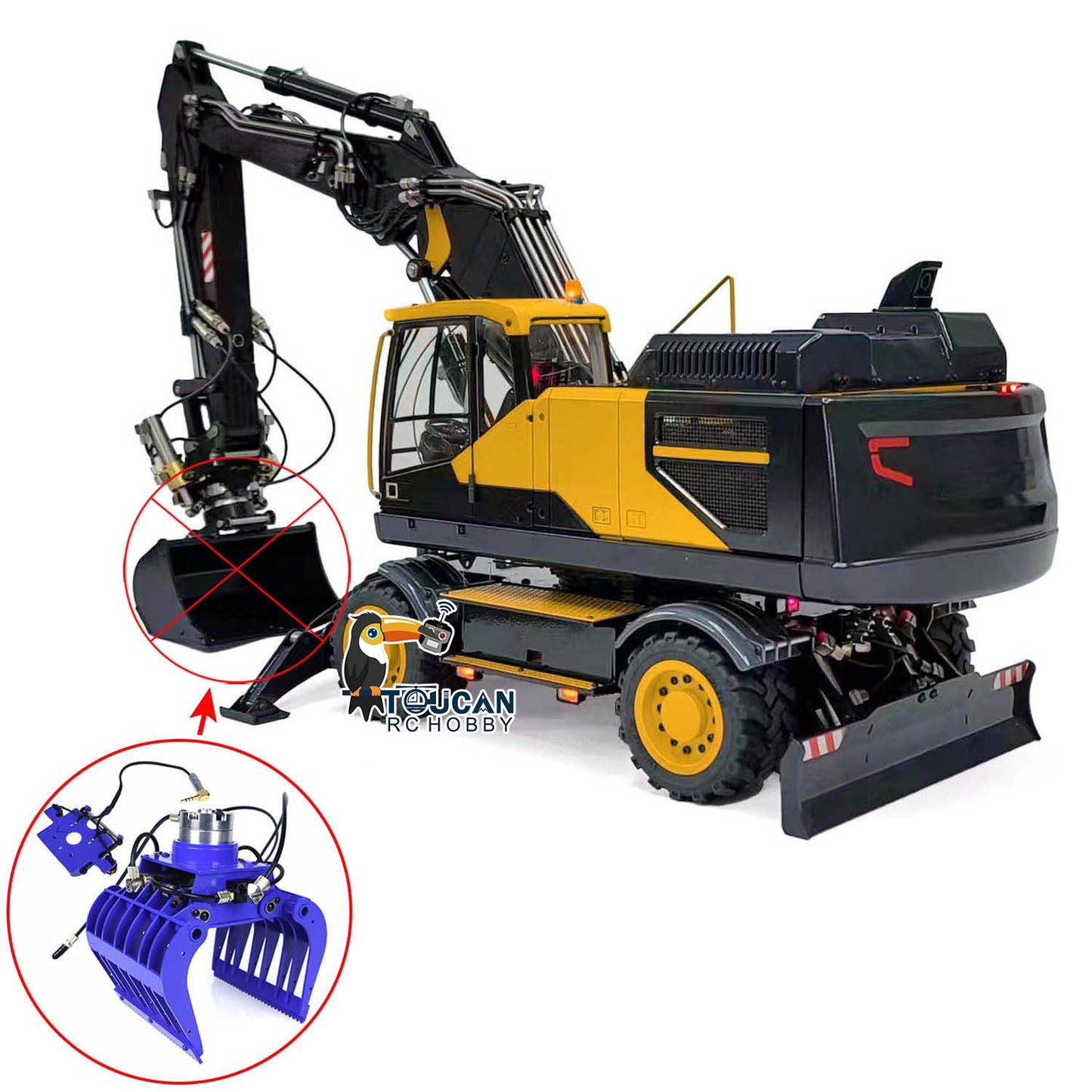 1:14 RC Hydraulic Digger Metal 3-Arm EC380 Wheeled Remote Controlled Excavators Grab Tiltable Clamshell Bucket Simulation Model