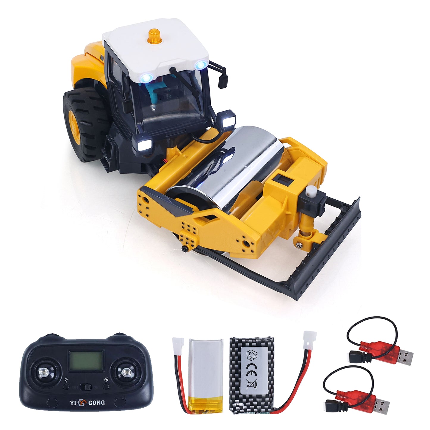 1/50 Mini Remote Control Road Roller RTR Electric RC Construction Vehicle Finished Model Metal Blade Lights Sounds Effect