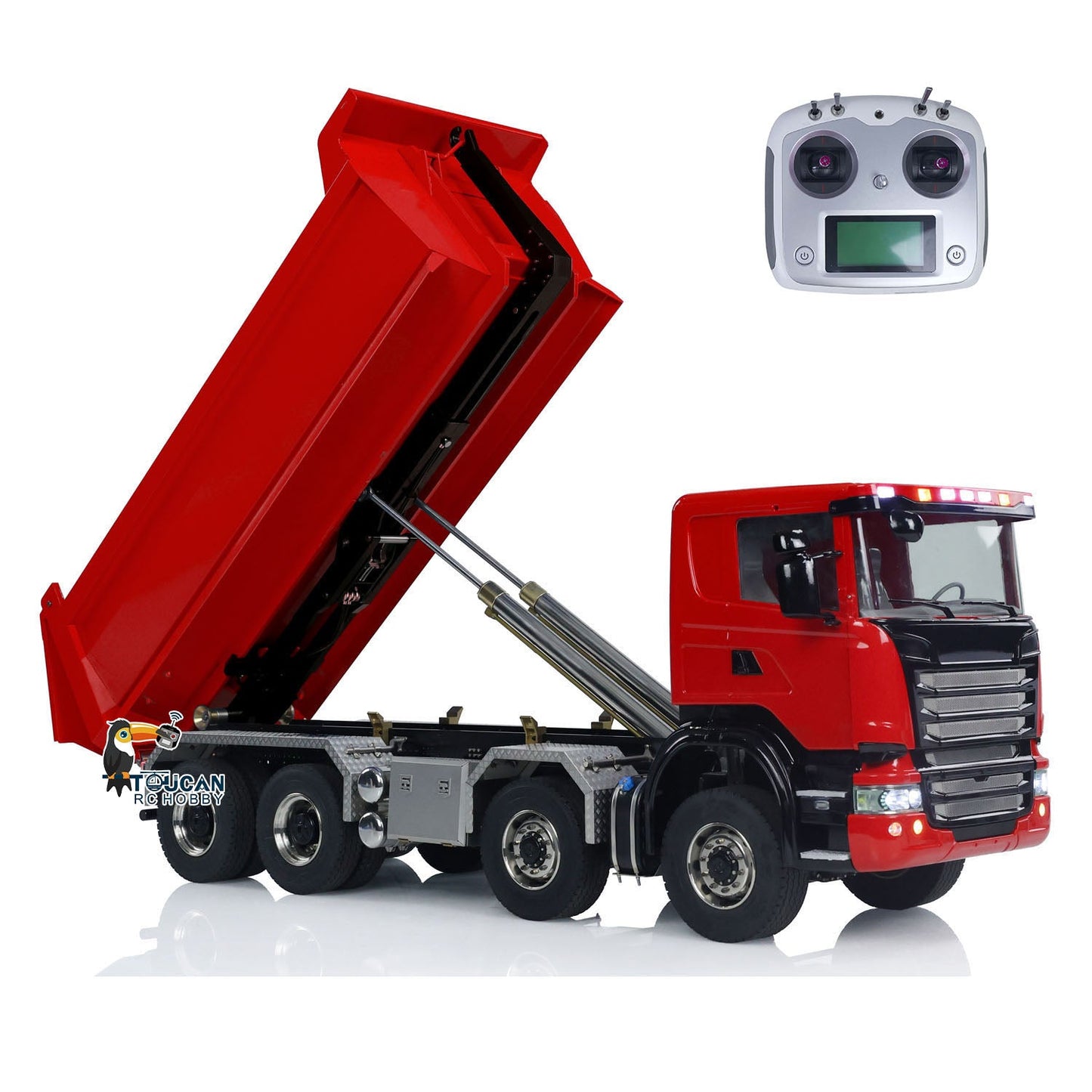 1/14 8x8 RC Hydraulic Equipment Radio Controlled Roll-on Dumper Trucks Full Dump Truck U-shaped Short High Bucket Timber Flatbed