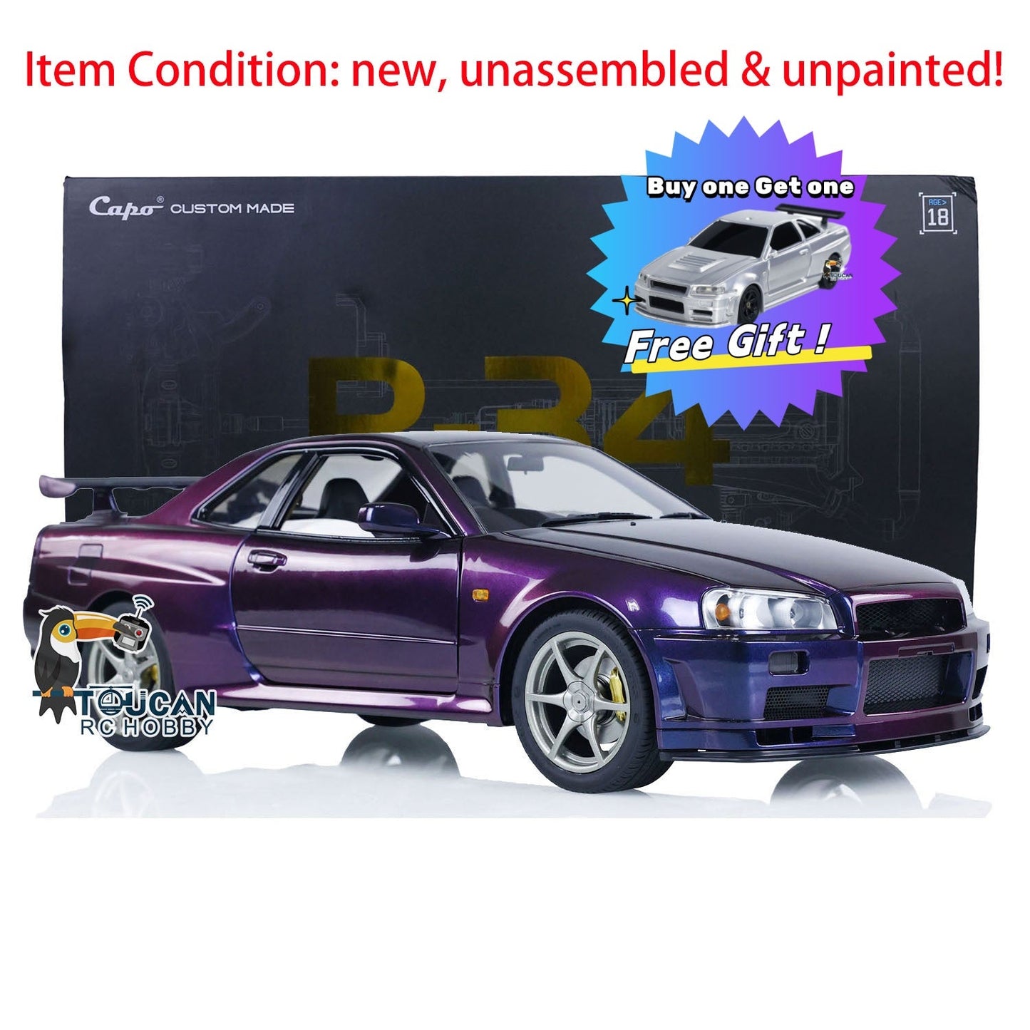 Capo 1/8 Unassembled MetallicRC Racing Car for R34 Remote Control Drift Vehicles Hobby Model KIT DIY Parts Collection Electric Toy