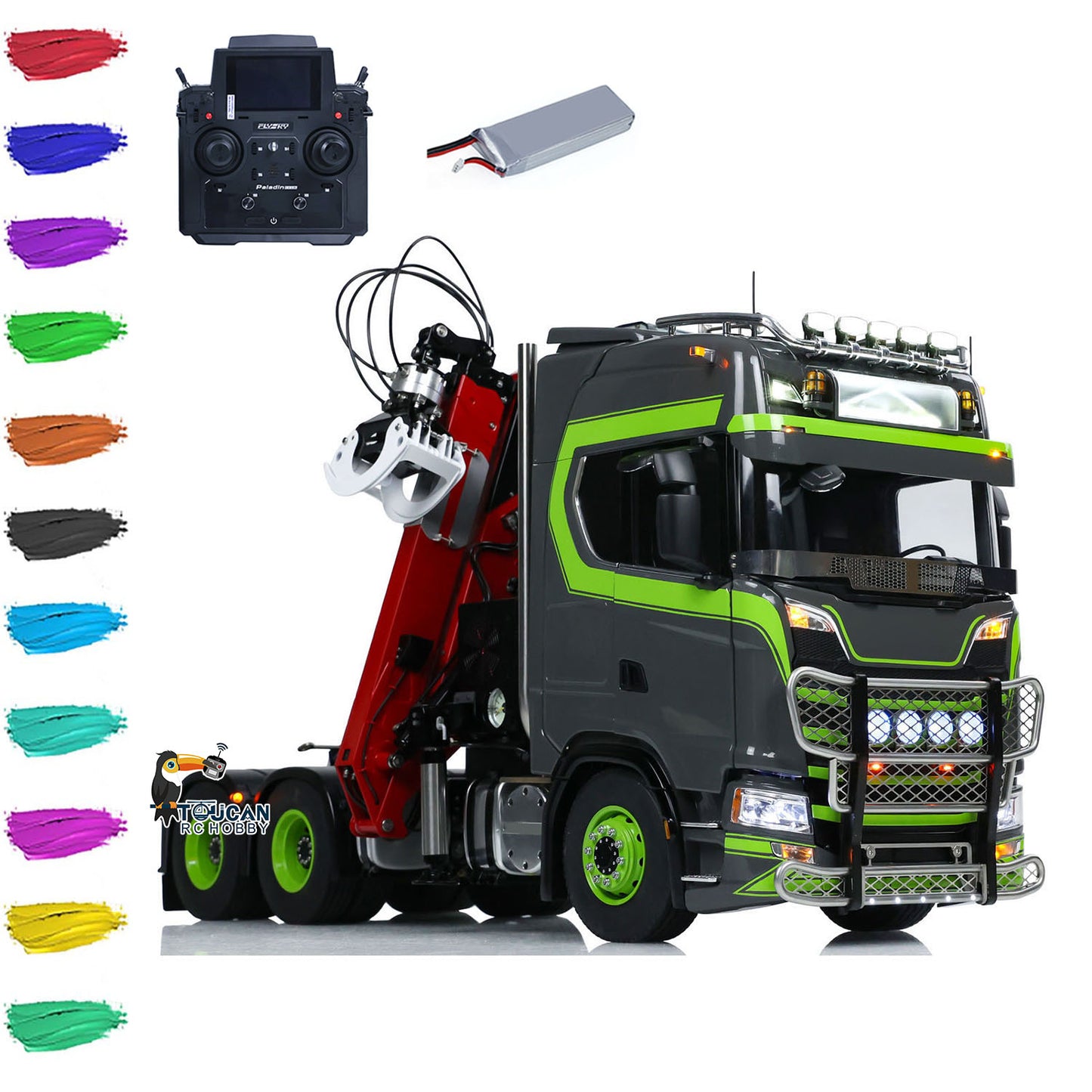 Toucan 1/14 6x6 RC Metal Tractor Truck 3-axle Hydraulic Crane Logging Trailer Light Sound Smoke System Customized Lorry Vehicle for Model Collector