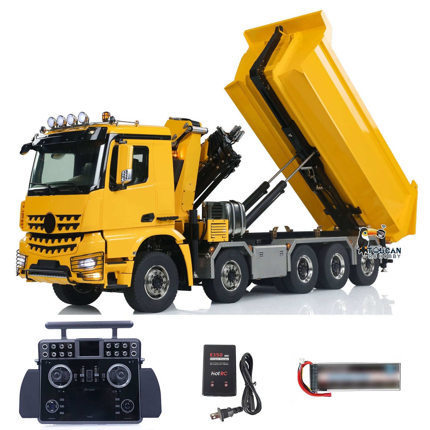 1:14 10x10 RC Hydraulic Crane Full Dump Metal Lorry Rear Axle Steering with Standard Bucket U-shaped Short High Timber Flatbed