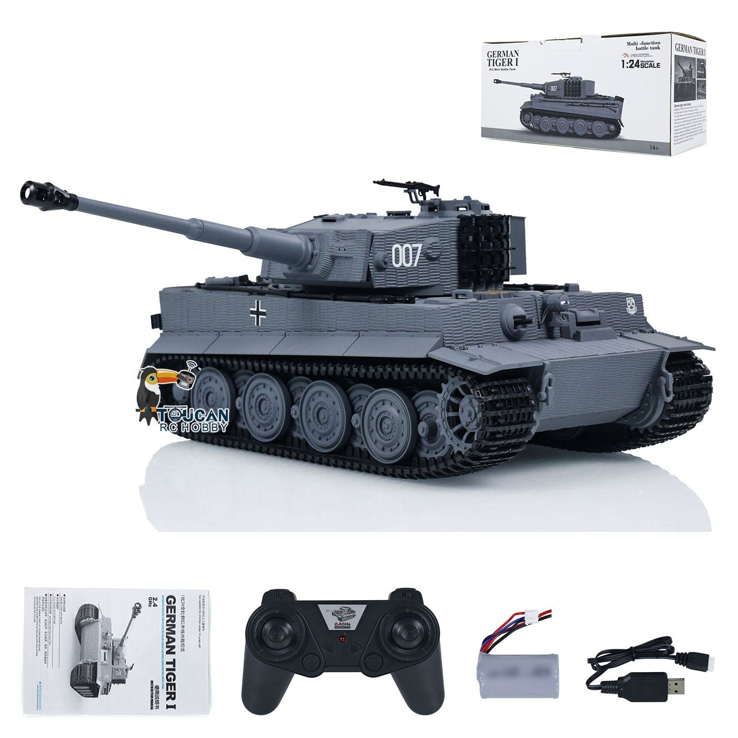 1/24 217 007 RC Battle Tank Tiger I Remote Control Military Tanks Armored Panzer Infrared Combat USB Assembled and Painted