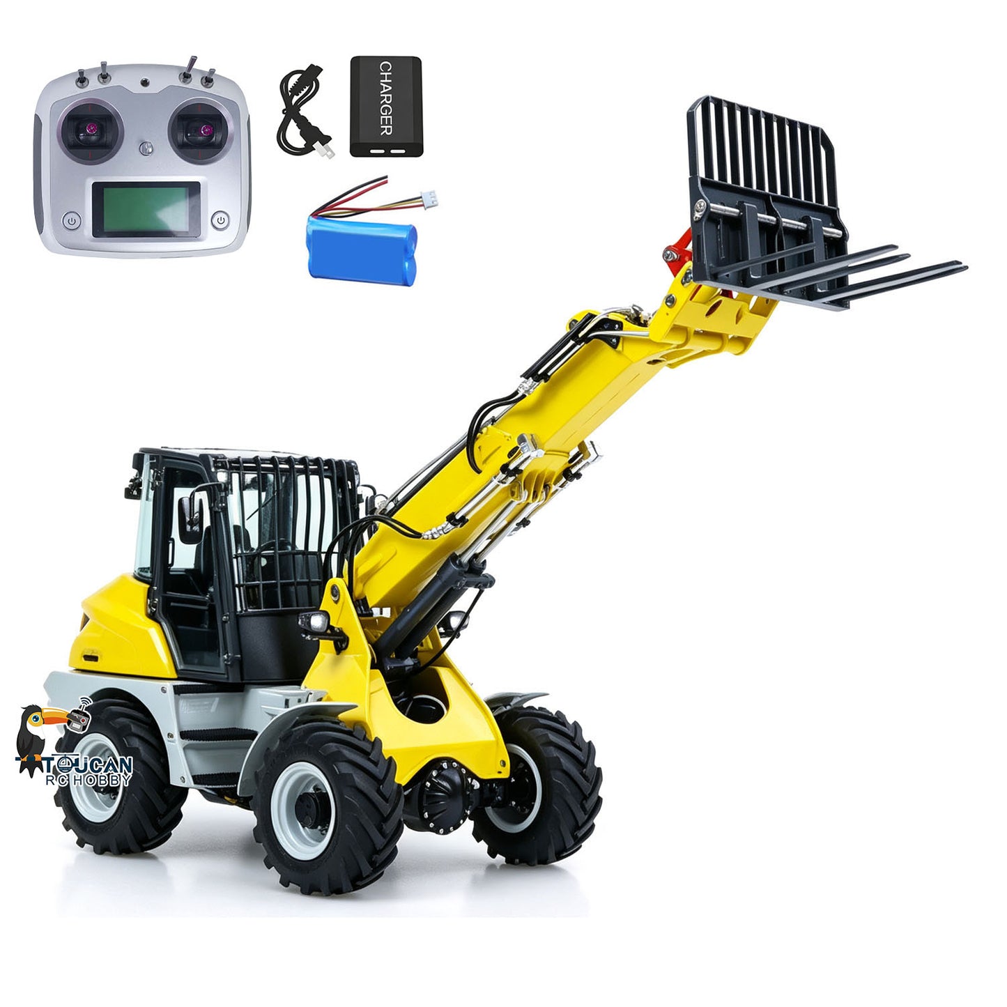 LESU RTR 4X4 1:14 RC Hydraulic Telescopic Arm Loader AOUE AT1050 Metal Fork Lift Trucks Light Sound Flysky I6S Radio Battery