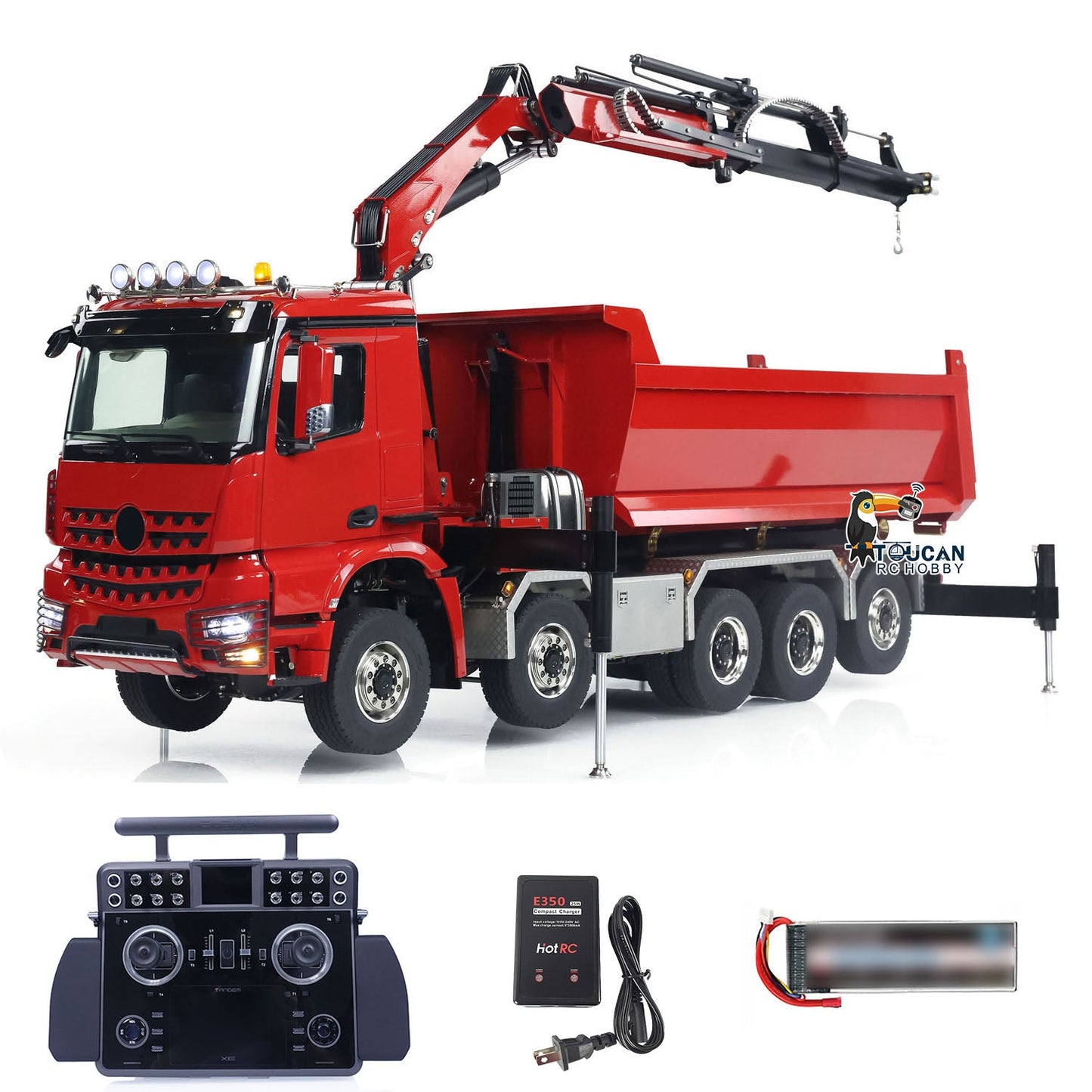 1/14 10x10 RC Hydraulic Crane Dump Truck Radio Control Full Dumper Lorry with U-shaped Short High Standard Bucket Timber Flatbed