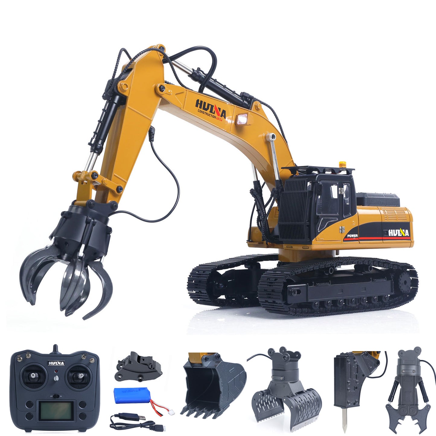 Fast Shipping HUINA New Upgrade 580 1/14 Metal Excavator Model Engineering Vehicle Electric Ball Grabber 360 Rotating Shear Claw Sound Lights