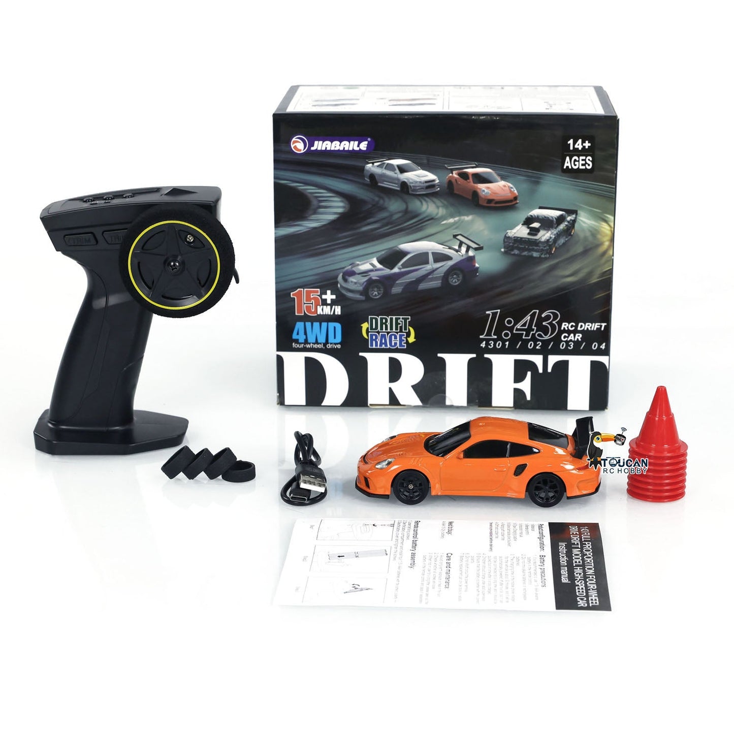 1:43 4WD RC Drift Race Car Remote Control Vehicle Mini Toy Model Car Tyres Traffic Cones Painted and Assembled Ready to Run