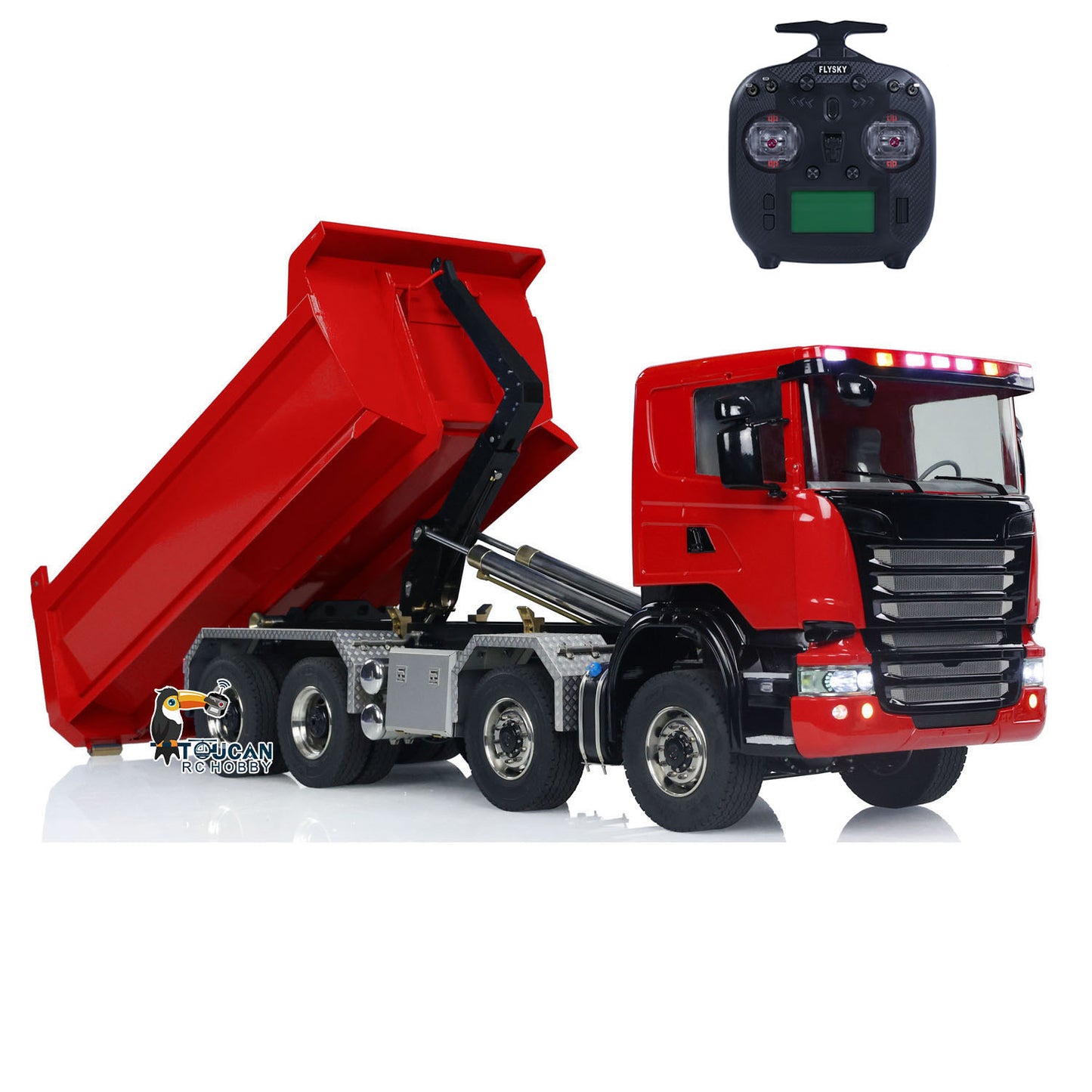 1/14 8x8 RC Hydraulic Equipment Radio Controlled Roll-on Dumper Trucks Full Dump Truck U-shaped Short High Bucket Timber Flatbed