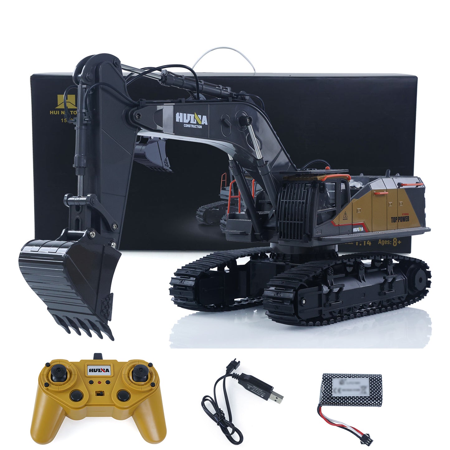 US STOCK HUINA Toy 1/14 592 RC Tracked Excavator Car Model Gift 2.4G Radio Light Sound