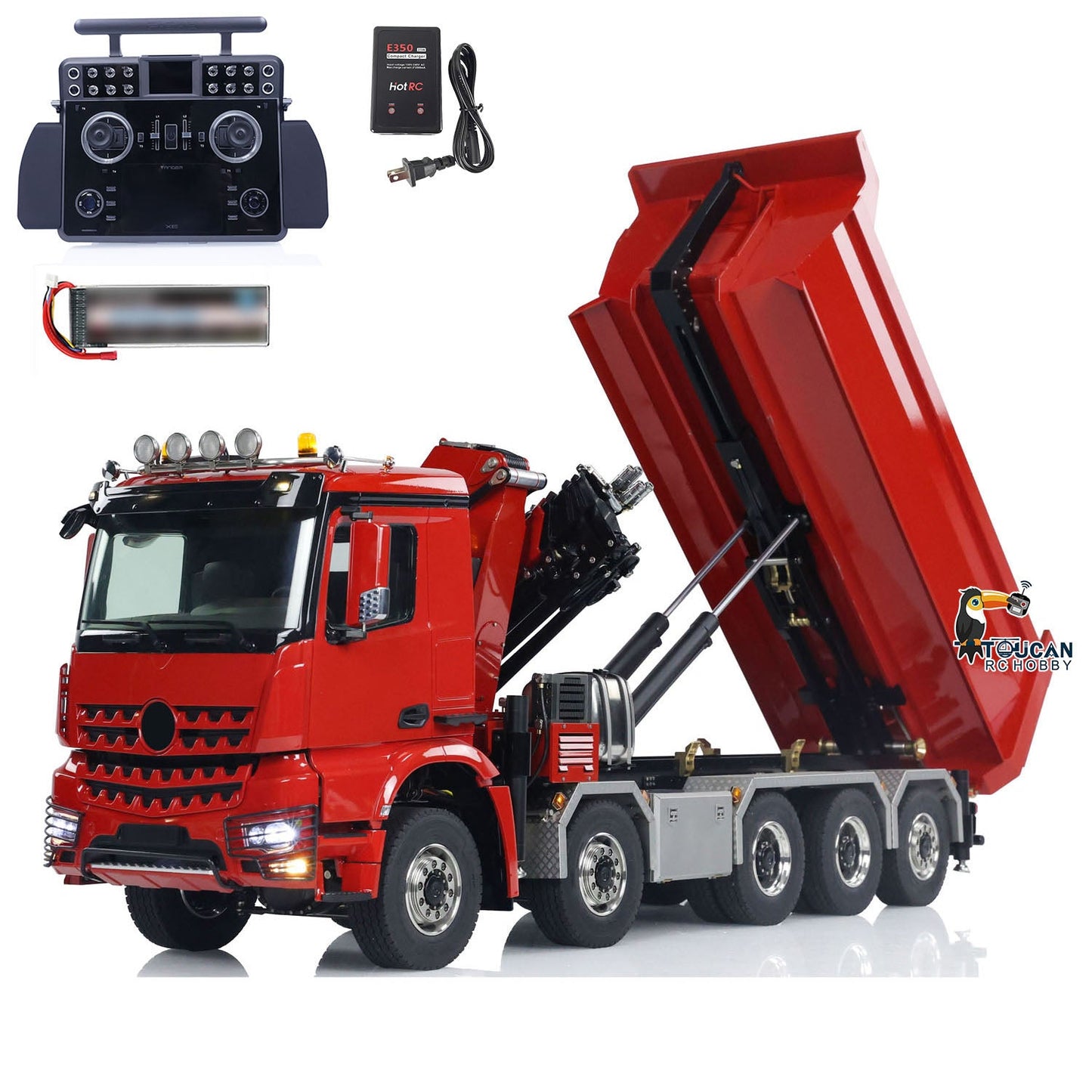 1/14 10x10 RC Hydraulic Crane Dump Truck Radio Control Full Dumper Lorry with U-shaped Short High Standard Bucket Timber Flatbed