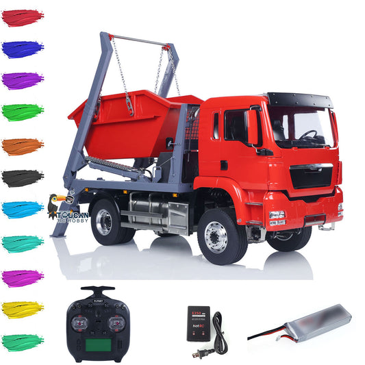 LESU Metal 1/14 RC Hydraulic Swing Arm Garbage Dump Truck 4X4 Remote Control Skip Loader RTR TGS Light Sound ST8 Radio Battery