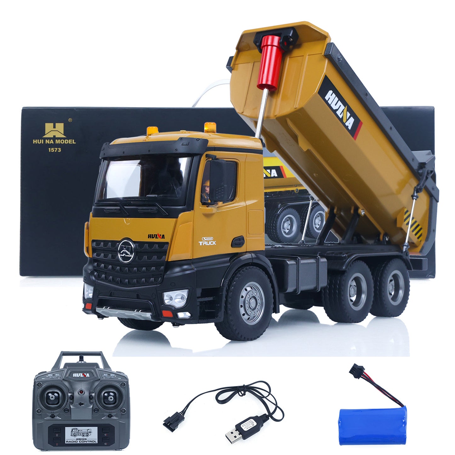 US STOCK HUINA 1/14 Electric RC Dump Truck 573 Remote Control Tipper Model Vehicle Flowing Water Light Sound Effect 2.4G Radio Battery