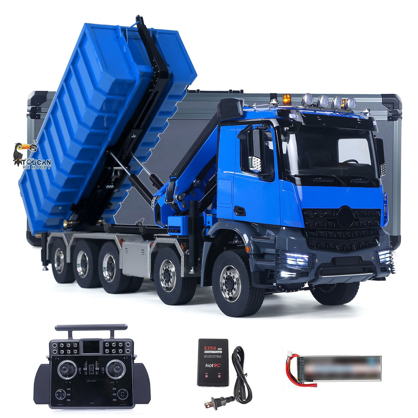 Metal 1/14 Hydraulic RC Dumper Car 10x10 Radio Control Full Dump Crane Trucks with High Bucket 830x190x290mm ESC Servo Motor