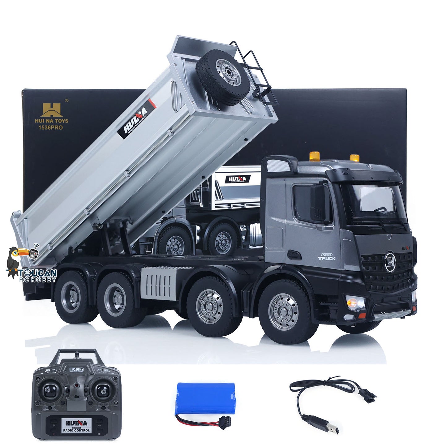 US STOCK HUINA 1/14 Remote Control Dump Truck 12CH RC Tipper Finished Model Toy Gift RTR Light Sound Effects Radio USB Charging Cable