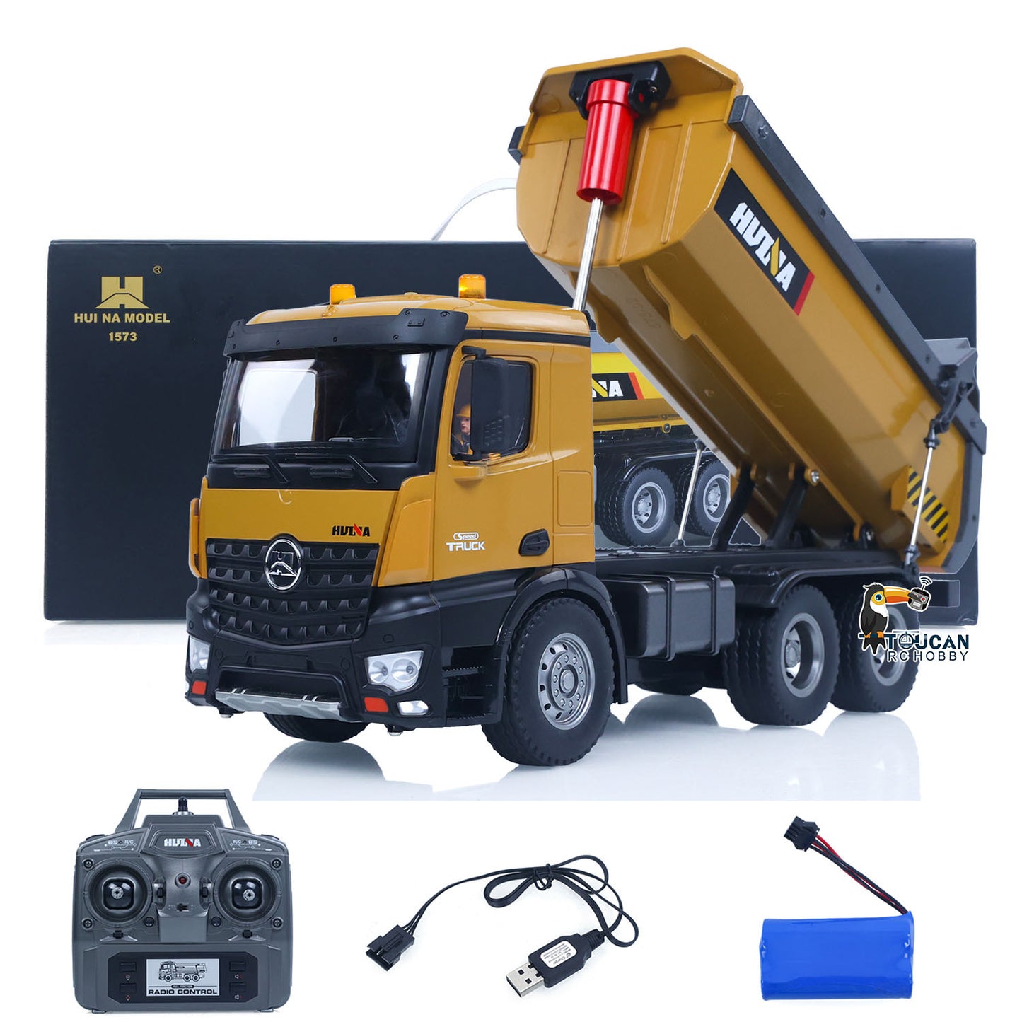 HUINA 1/14 Electric RC Dump Truck 573 RTR Remote Control Tipper Model Vehicle Flowing Water Light Sound Effect 2.4G Radio Battery Ready to Run
