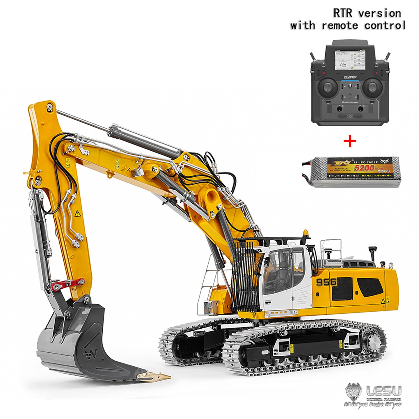 LESU 1/14 RC Hydraulic Excavator LR956 Metal 3 Arms Remote Control Digger Model 4+3CH Valve Dual Pumps Light Flysky PL18EV LITE
