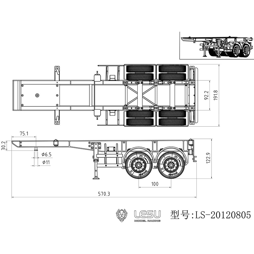 LESU 40ft 20ft Metal Trailer Chassis for 1/14 Radio Controlled Tractor Container Truck RC Cars Model