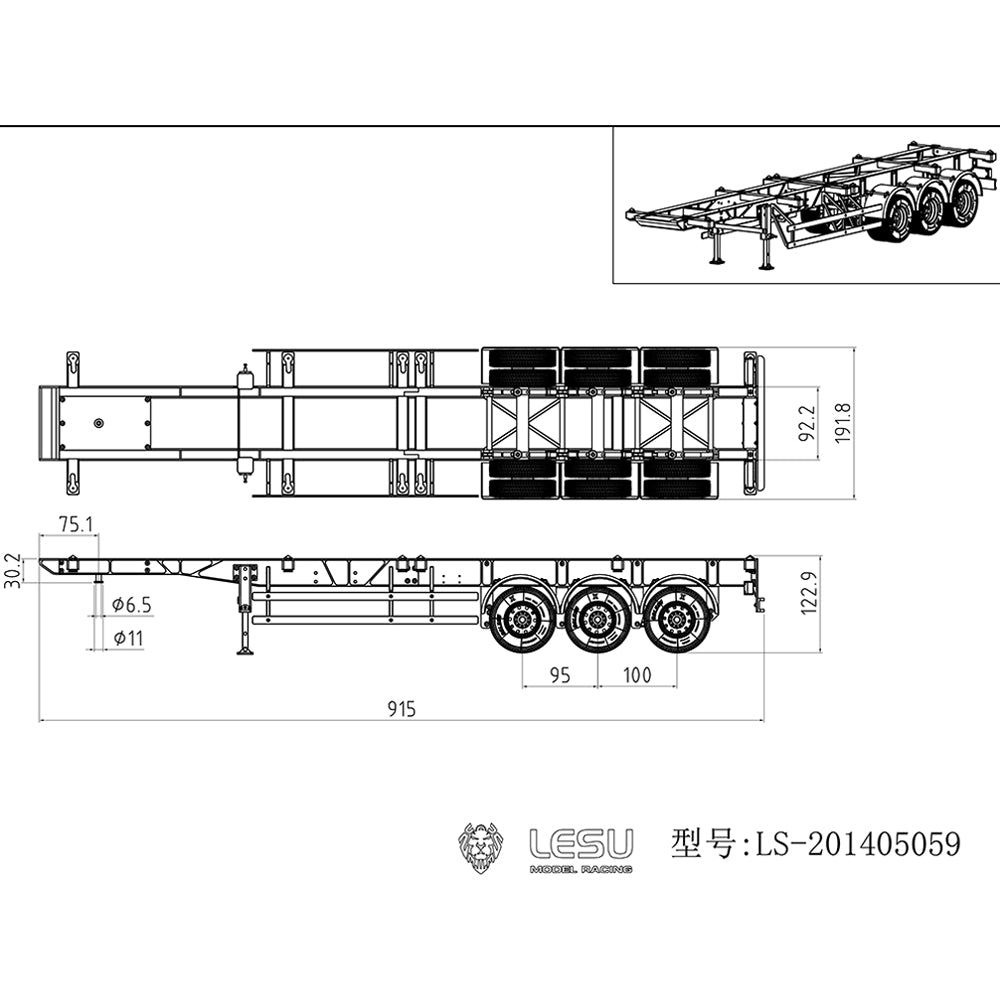 LESU 40ft 20ft Metal Trailer Chassis for 1/14 Radio Controlled Tractor Container Truck RC Cars Model