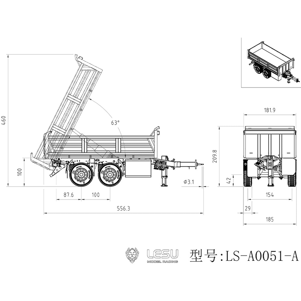 LESU 2-Axle Metal 1/14 RC Hydraulic Full Trailer Remote Control Self-dumping Truck Model DIY Car Optional Versions KIT