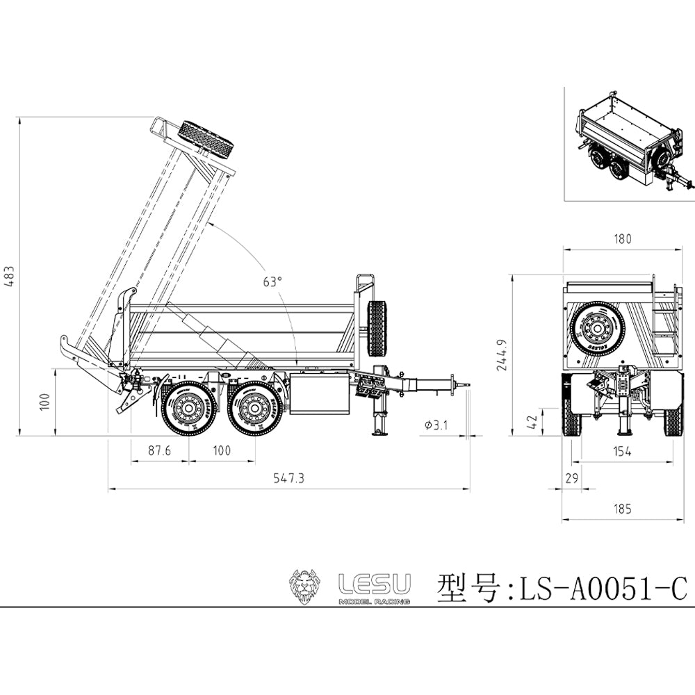 LESU 2-Axle Metal 1/14 RC Hydraulic Full Trailer Remote Control Self-dumping Truck Model DIY Car Optional Versions KIT