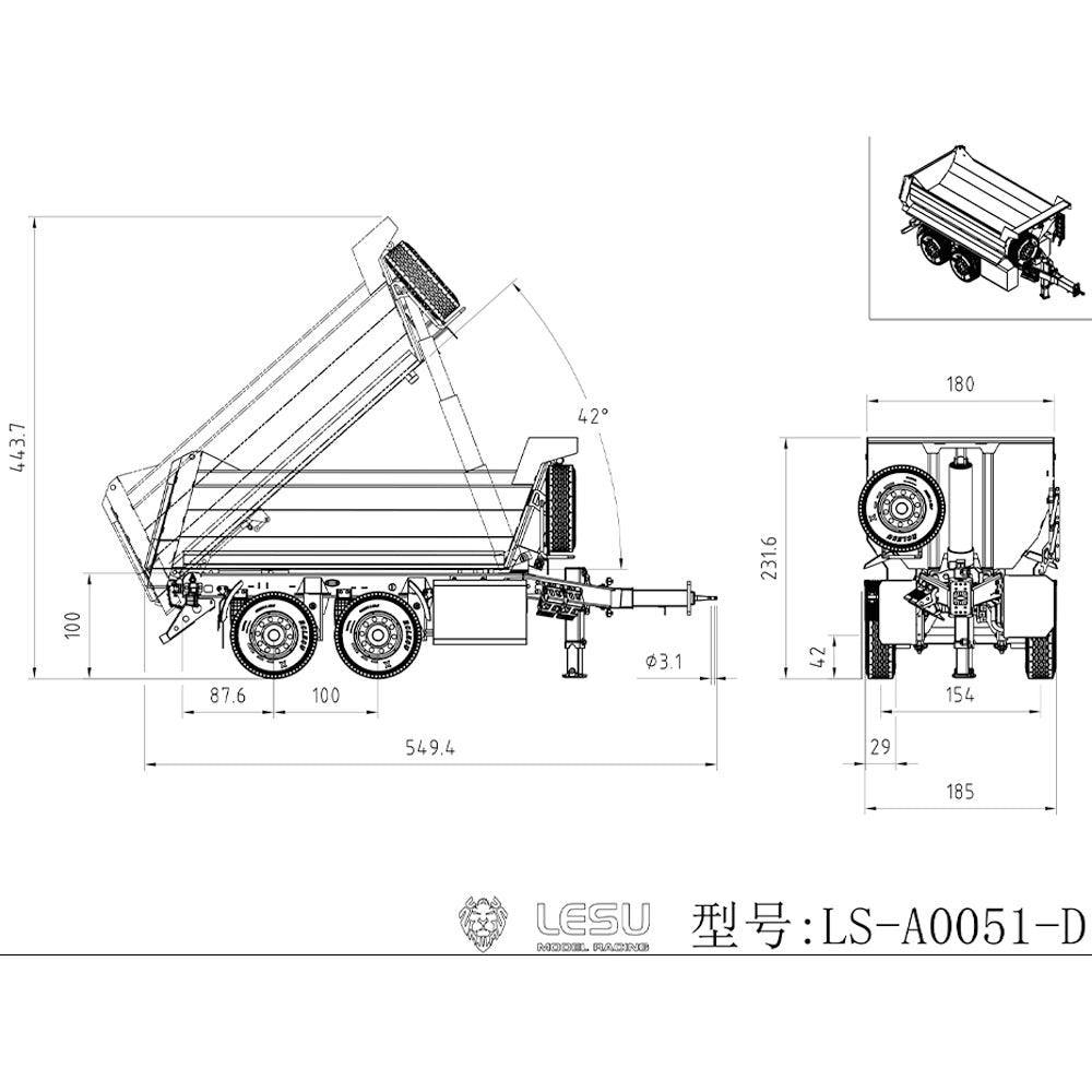 LESU 2-Axle Metal 1/14 RC Hydraulic Full Trailer Remote Control Self-dumping Truck Model DIY Car Optional Versions KIT